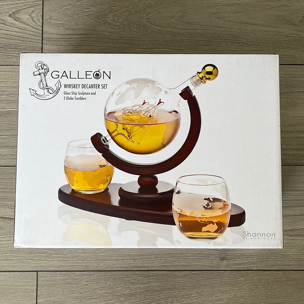 Galleon Whiskey Decanter Set- Glass Ship Sculpture & 2 Globe Tumblers- BRAND NEW